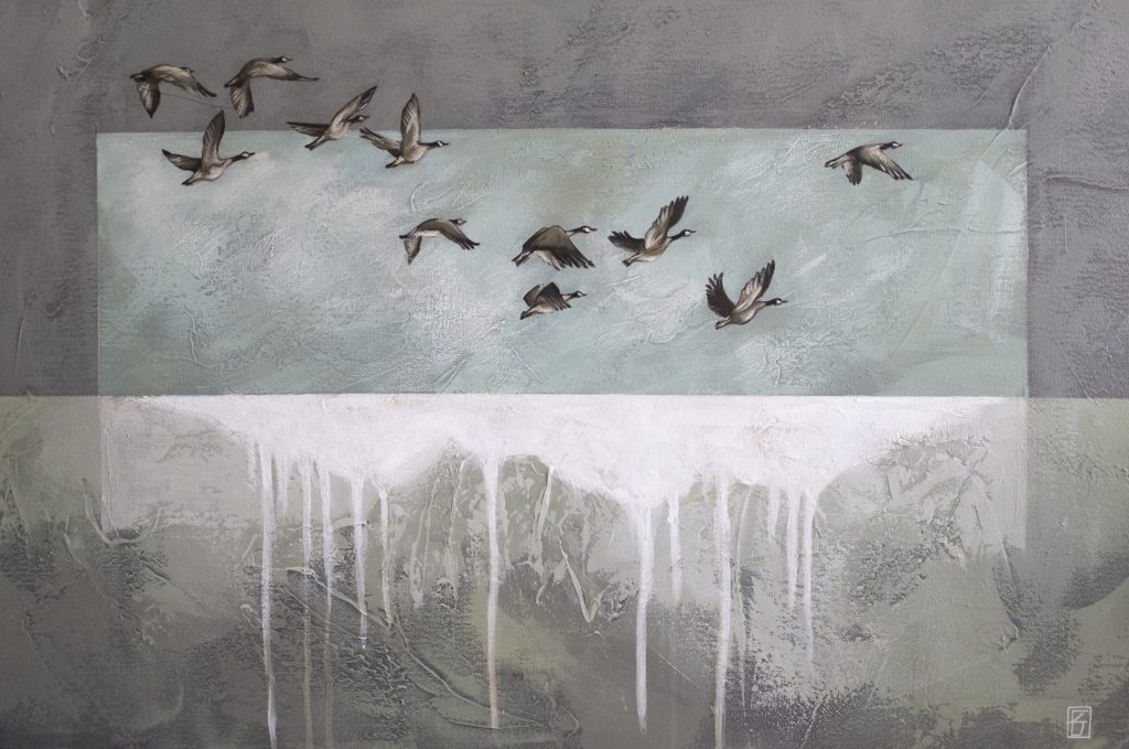 Aux premières gelées, glace et miroirs d'eau se forment tandis que l'envol se prépare. Au sud, elles cherchent l'abri. Portées par les vents, quittant une terre devenue trop hostile, elles ne forment plus qu'un. D'un battement d'aile, elles deviennent l'arche de Noé du ciel.