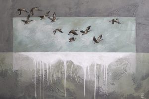 Aux premières gelées, glace et miroirs d'eau se forment tandis que l'envol se prépare. Au sud, elles cherchent l'abri. Portées par les vents, quittant une terre devenue trop hostile, elles ne forment plus qu'un. D'un battement d'aile, elles deviennent l'arche de Noé du ciel.